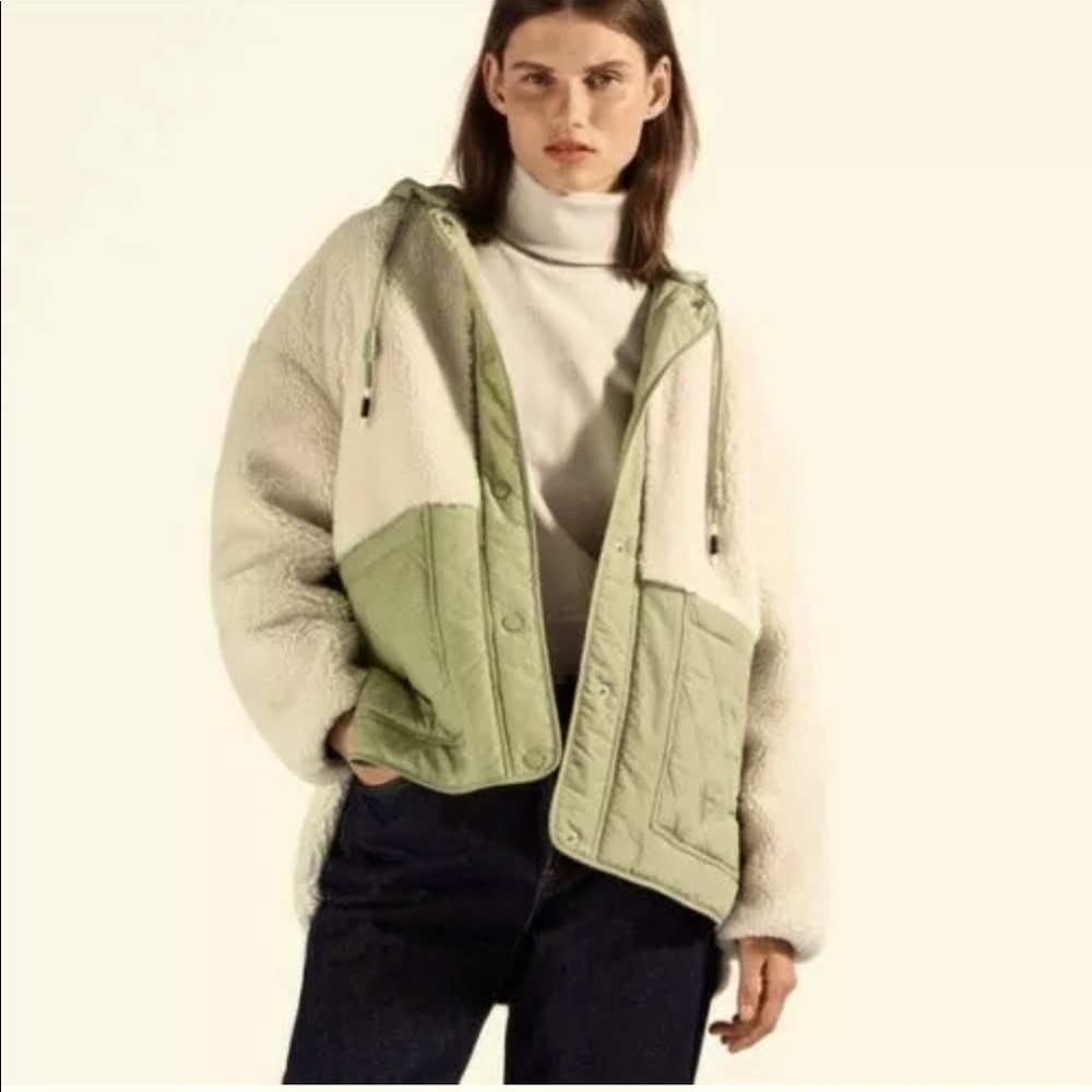 ZARA Fleece Hooded Jacket Khaki Green/Sherpa M